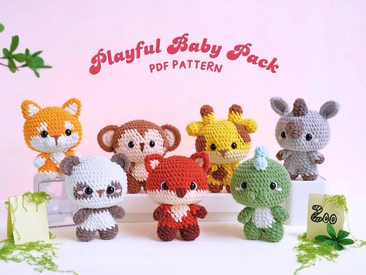 Playful Baby Pack Crochet Patterns Bundle | Shiba Pattern, Rhino Pattern, Panda Pattern, Monkey Pattern, Giraffe Pattern, Dinosaur Pattern